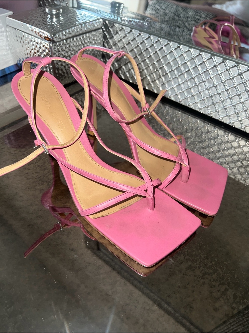 Bottega Veneta Pink Strappy Square-Toe Heels